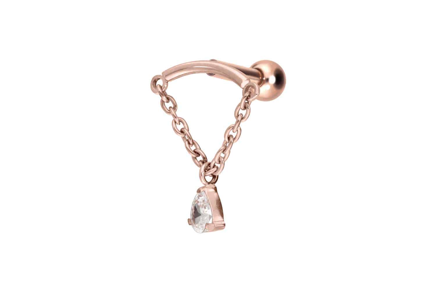 Titan Ohrpiercing mit Innengewinde BOGEN + KETTE + KRISTALLTROPFEN